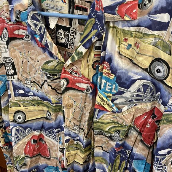 Paradise Found Mens Hawaiian Shirt Route 66 Sz XL Vtg Cars Fuel Injection Desert - Picture 3 of 7